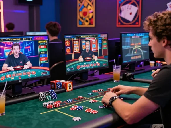 Scène captivante de divers joueurs s'engageant dans une expérience de casino fiable en ligne avec des graphiques vibrants et une interaction avec le croupier en direct.