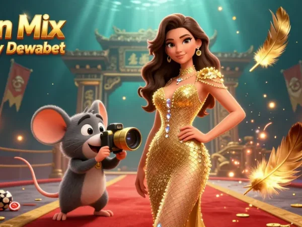 Agen Mix Parlay Dewabet showcases a stunning 3D woman on a red carpet, surrounded by golden casino elements.