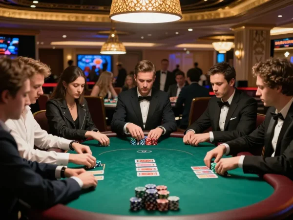 Players strategizing in a high-stakes poker game while enjoying 營養奶 for sustained energy.
