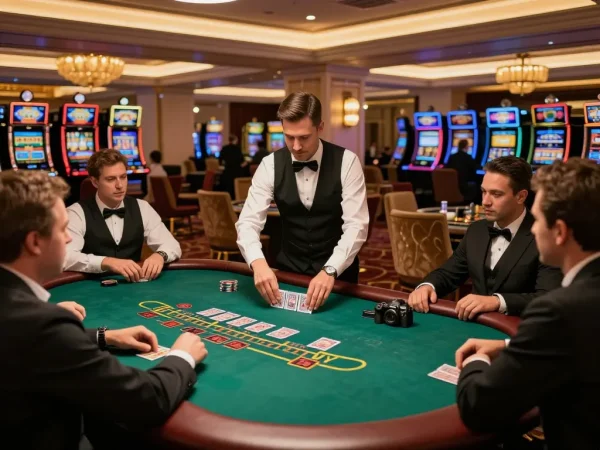 DABET players enjoy intense blackjack game experience with dealer showcasing card skills in a luxurious casino.