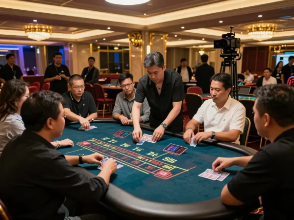 Players engaging with blackjack table at BJ886 casino, showcasing strategic gameplay and vibrant atmosphere.