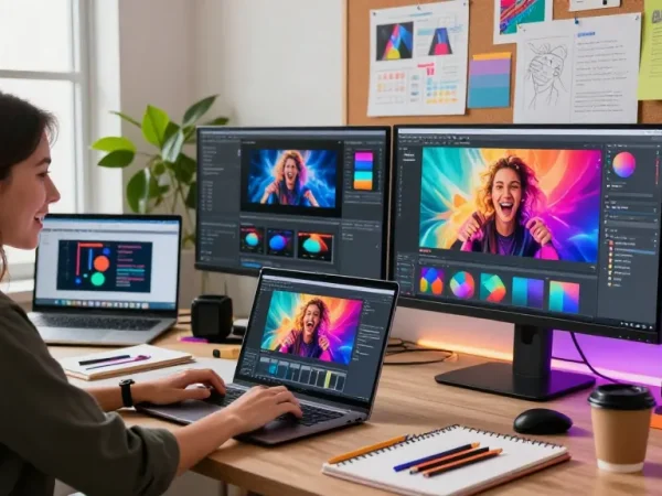 Seedance AI video generation scene with creator in vibrant studio using advanced technology.