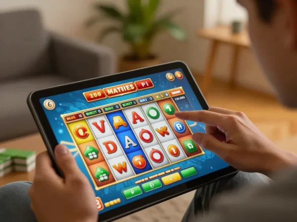 Player enjoying Mahjong slots on a tablet at home illustrating situs gacor excitement in online gambling.