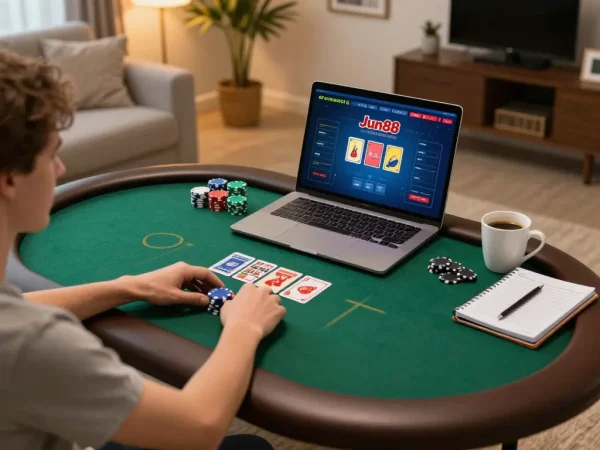 Player enjoying online poker at Jun88 from a cozy home setup, highlighting strategic engagement and fun atmosphere