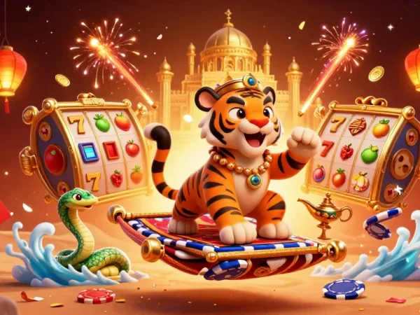 Experience thrills with onbet com in a vibrant 3D casino scene featuring a magical sultan and exquisite gaming elements.