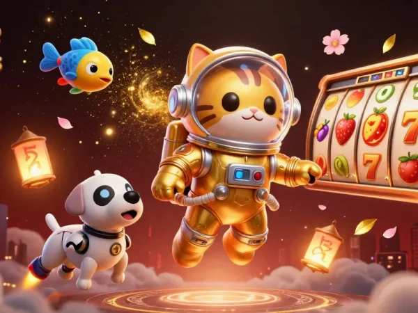 Experience the thrills of beste online casinos with an astronaut cat and robot dog in a vibrant 3D casino scene.