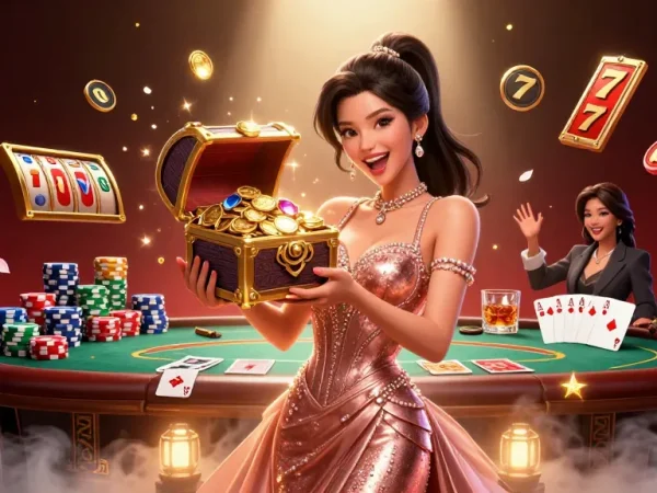 Experience thrilling action at depo 5k with a treasure chest of winnings and dynamic slot and poker elements.
