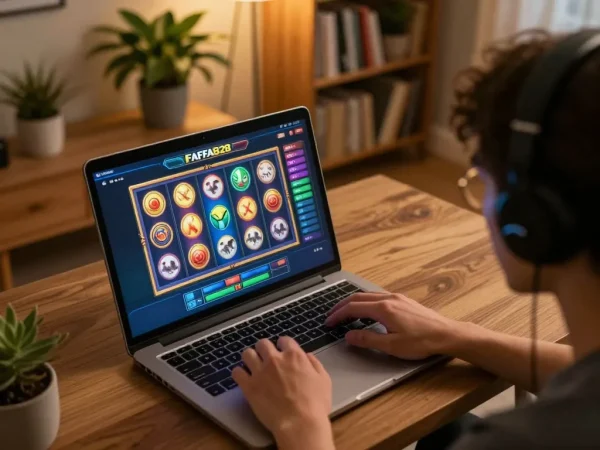 Player engaging with FAFA828 online slots in a cozy home setting, showcasing vibrant game interface and ambient lighting.