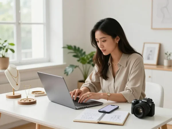 Woman exploring jewelry online, capturing the joy of shopping and explanation.