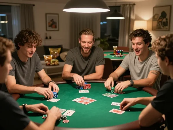 Engaging home poker night scene featuring lc88 players at a round table with cards and chips