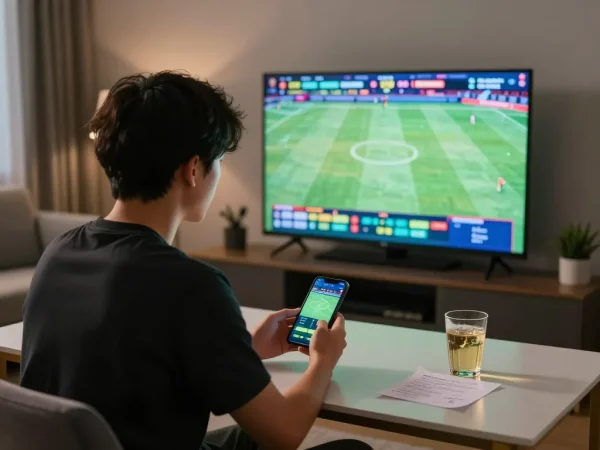 Engaged sports bettor using smartphone app for placing bets on ทางเข้า m103, with excitement visible.