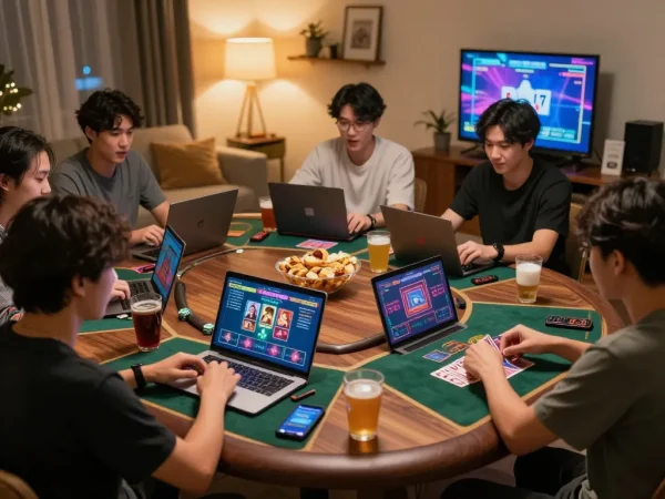 Engaged players enjoying live dealer games at home with lucks8 casino interface visible on screens.