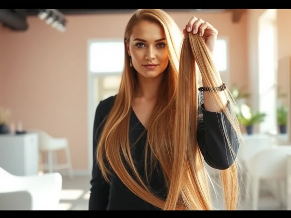Stylist demonstrates genius weft hair extensions with vibrant colors and smooth textures.