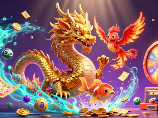 Experience thrilling toto gambling action with a vibrant scene showcasing a golden dragon, phoenix, and koi fish amidst dynamic lottery elements.