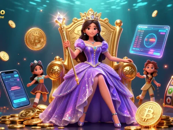 Participez à un casino fiable en ligne avec une illustration 3D vibrante mettant en avant des éléments royaux et des monnaies numériques.