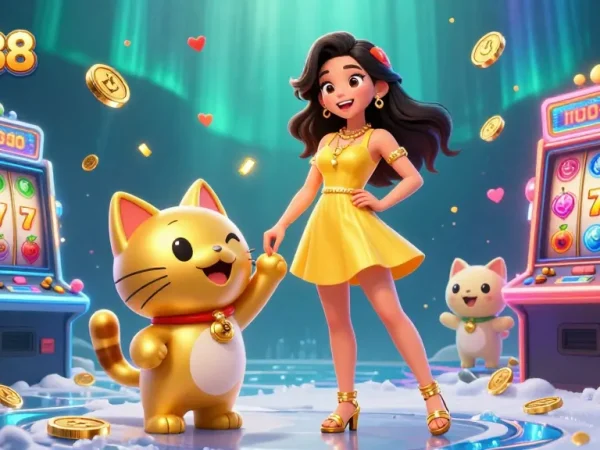 Engage in winning strategies at viral88 with a photorealistic Asian woman and lucky cat amidst casino games.