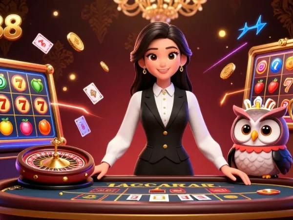 Engage with Fly88's thrilling baccarat experience featuring a professional dealer and vibrant game elements.
