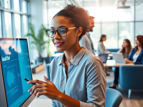 Engaged employee using an assistant for enterprise in a modern office environment.