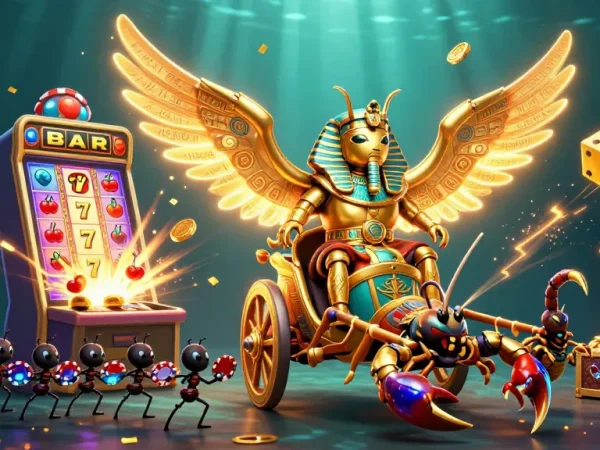 Engage with the xx7 golden scarab beetle amidst a vibrant jackpot explosion in this thrilling casino illustration.