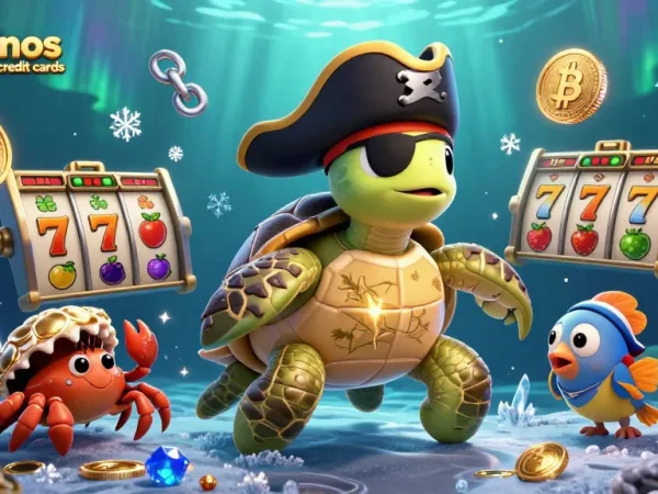 Engaging scene of a pirate turtle, crab, and parrotfish among slot reels showcasing casinos that accept credit cards.