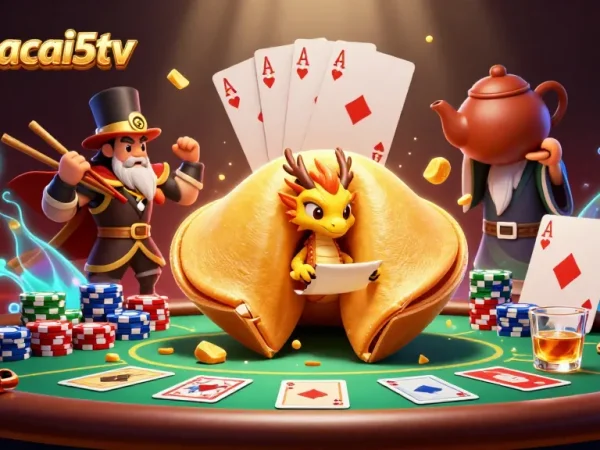 Engage with keonhacai5tv's vibrant fortune cookie scene, showcasing dynamic poker elements and whimsical characters.
