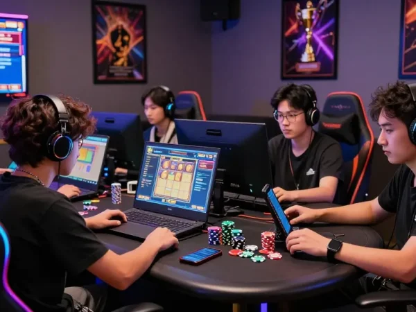Dynamic gaming scene with players enjoying slot dana online, showcasing modern devices and an electric atmosphere.