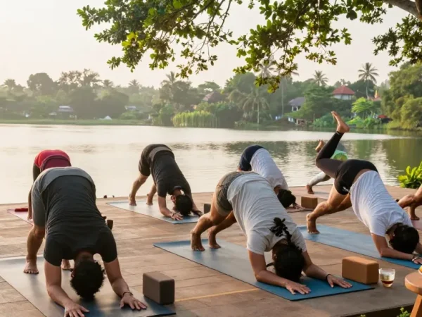 200hr yoga teacher training sri lanka students practicing yoga on lakeside deck at sunrise