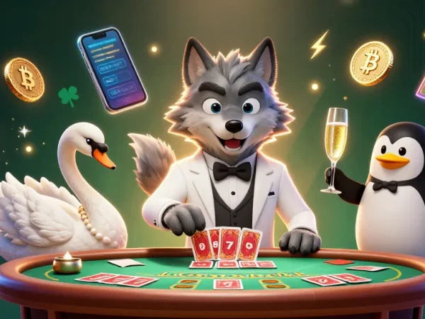 Engage with the vibrant action of slot deposit 5000, featuring a debonair wolf, elegant swan, and sophisticated penguin amidst slot reels and crypto coins.