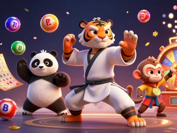 Siti casino non AAMS - Una scena di casinò colorata con un maestro tigre kung fu, un discepolo panda e una scimmia che ruba una medaglia.