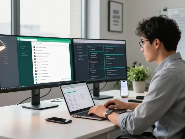 A professional using WhatsApp網頁版 on a laptop in a modern office setting, showcasing productivity and collaboration.