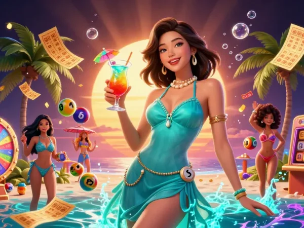 I siti casino non AAMS mostrano elementi di lotteria vivaci con una donna asiatica glamour che si gode la vita del casinò.