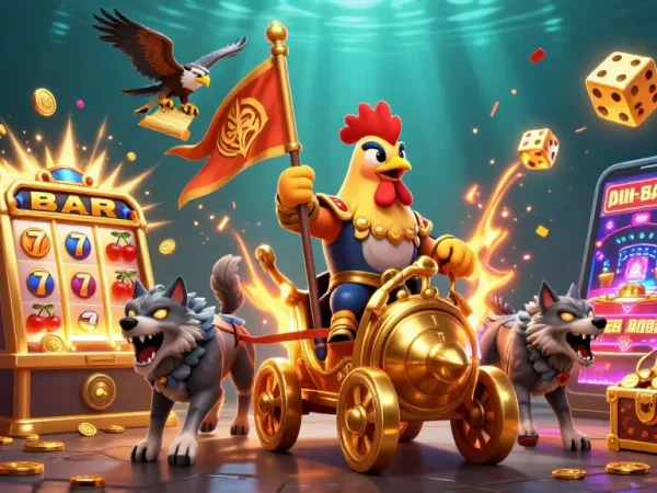 Spin to win with KU88: A vibrant 3D illustration showcasing a casino adventure with symbols flying and jackpots bursting.