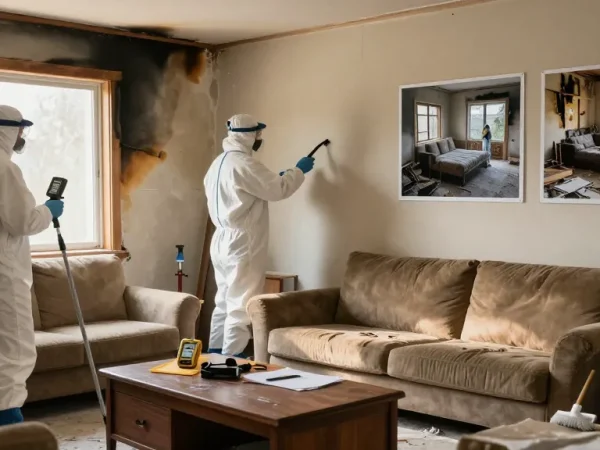Fire damage restoration services team assessing damage in a living room.