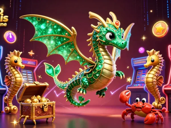 Jouez au casino français en ligne avec des machines à sous et un dragon de mer en évocation festive.