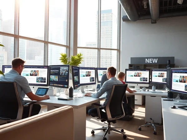 Designers collaborating in an office showcasing edmonton web design projects creatively.
