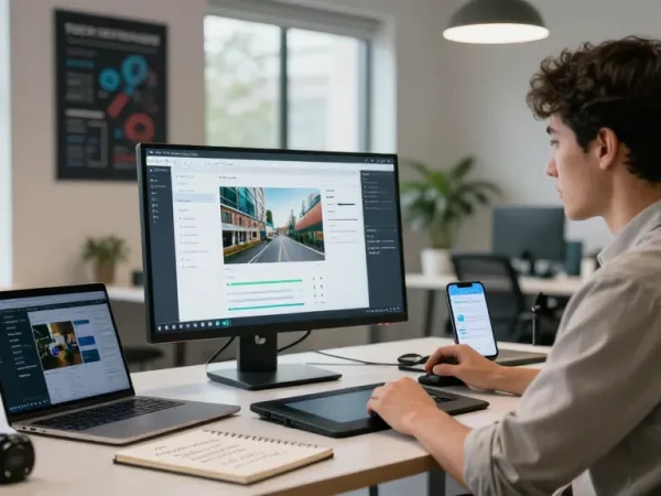 Data analyst using an ai detector in a modern tech workspace with image analysis displayed.