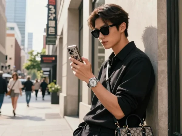 Fashionable individual showcasing a luxury replica watch in an urban setting.