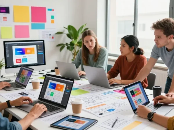 Designing webpages collaboratively, showcasing creative teamwork in a bright studio.
