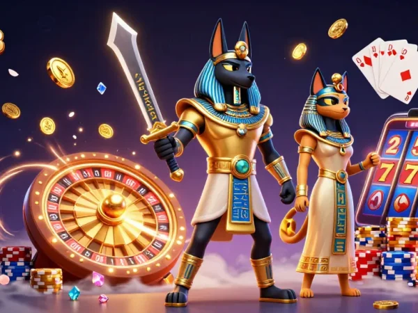 Engage and win with SKY88 at a vibrant, immersive casino scene featuring Anubis and treasures.