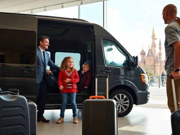 Families enjoying their Beauvais Airport to Disney Transfer with a friendly driver and scenic Disneyland Paris backdrop.