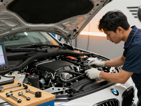 Professionelle BMW Werkstatt in Hannover mit Mechaniker beim Steuerkettenwechsel.