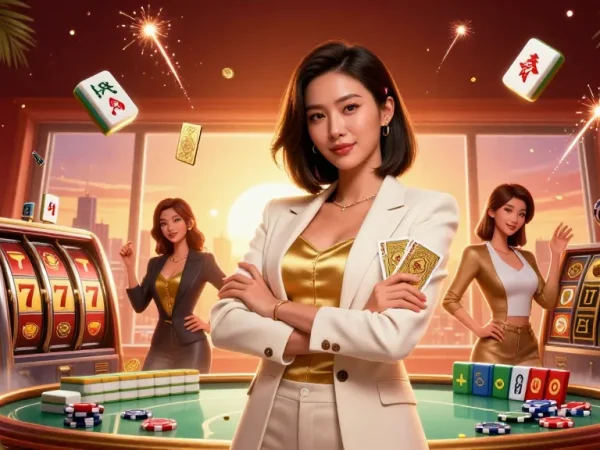 Scena di siti casino non AAMS con un'elegante donna d'affari tra elementi da casinò come rulli delle slot e fiches da poker.