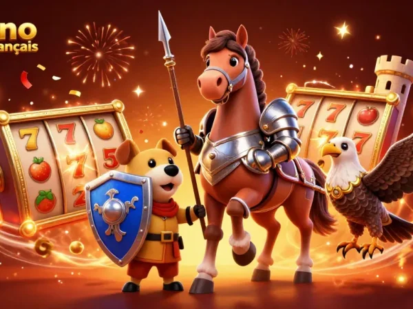 Jouez aux jeux du casino en ligne français avec un chevalier et des éléments festifs autour.