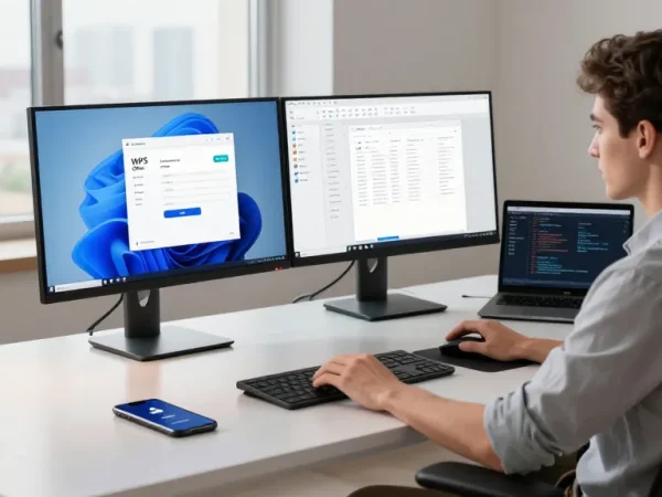 Professional workspace with WPS Download in progress on monitor, showcasing a modern office setup.