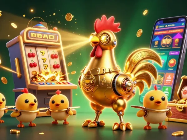 Ilustra los mejores casinos España con un robot gallo dorado y una máquina tragamonedas explosiva.