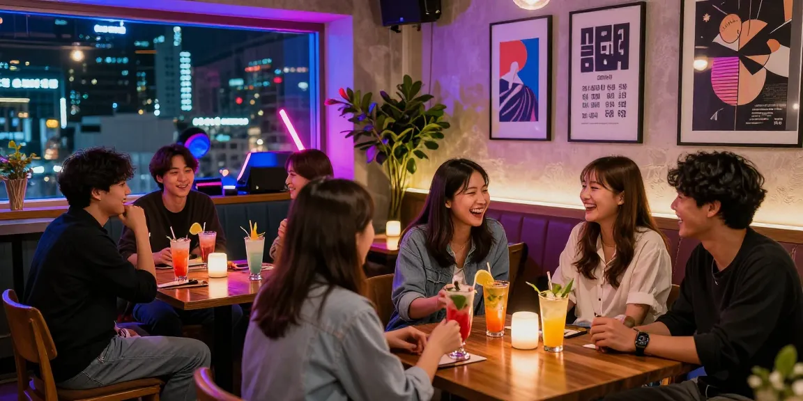 Enjoying drinks and laughter at 상봉동 한국관나이트, a vibrant nightlife bar, creating a lively atmosphere filled with energy and fun.