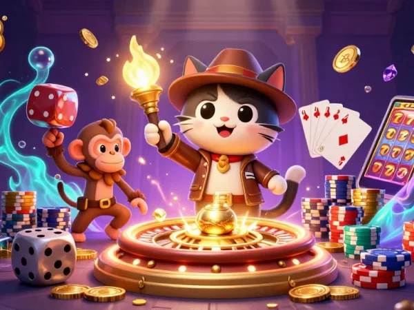 GO8 offers a vibrant casino experience featuring cascading golden coins and a captivating monkey.