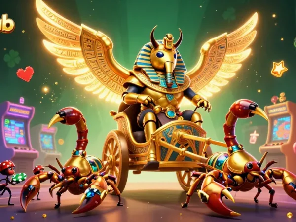 Engage in exciting gameplay at iwinclub with a 3D scene of a golden beetle chariot amidst vibrant gaming elements.
