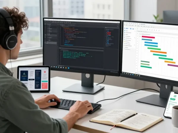 Download WPS Office with a developer in a modern workspace coding efficiently using dual monitors, tablet, and coffee.