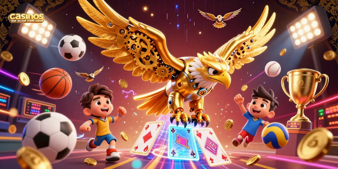 Play at casinos that accept credit cards, featuring a cybernetic eagle diving through holographic cards.